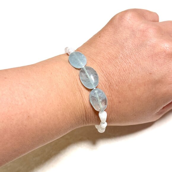 Genuine Blue Aquamarine & Rainbow Moonstone Bracelet, Beaded Gemstone Bracelet - Picture 8 of 10